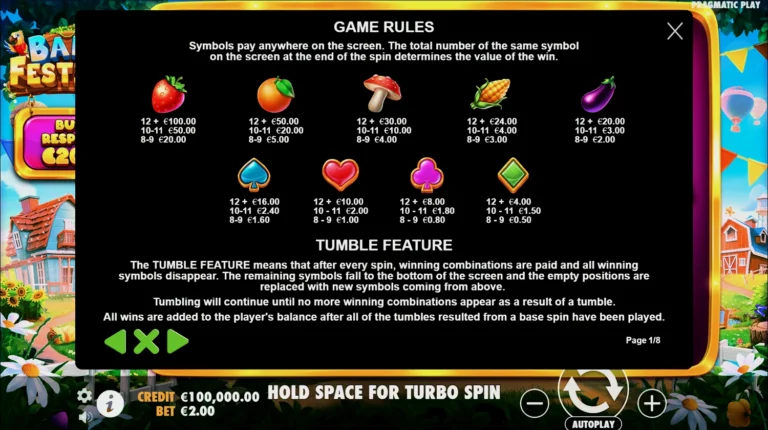Полная таблица выплат слота Barn Festival