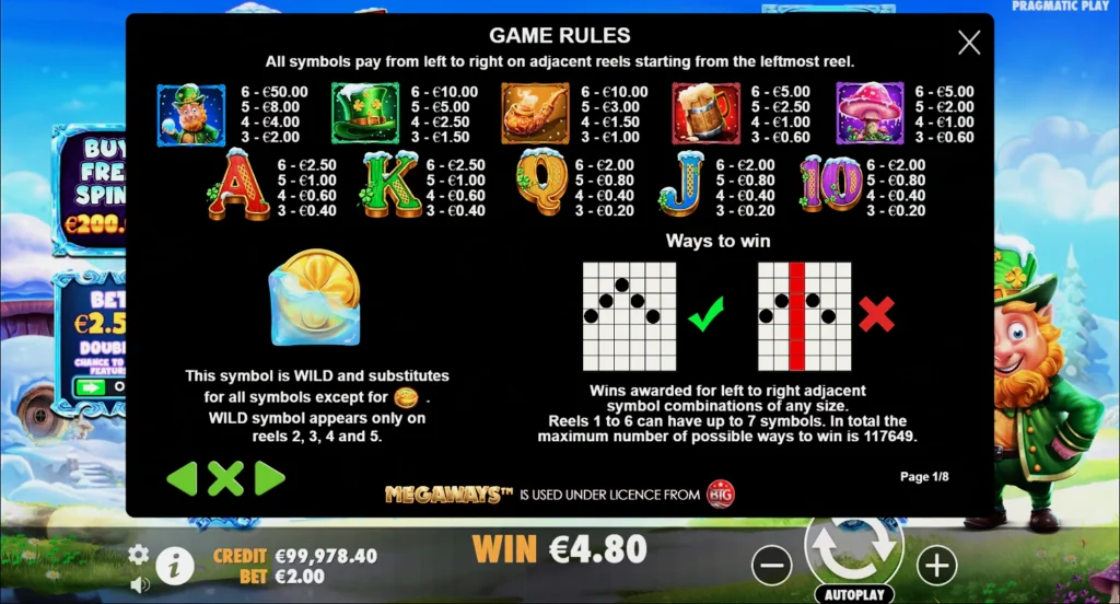 Полная таблица выплат слота 5 Frozen Charms Megaways